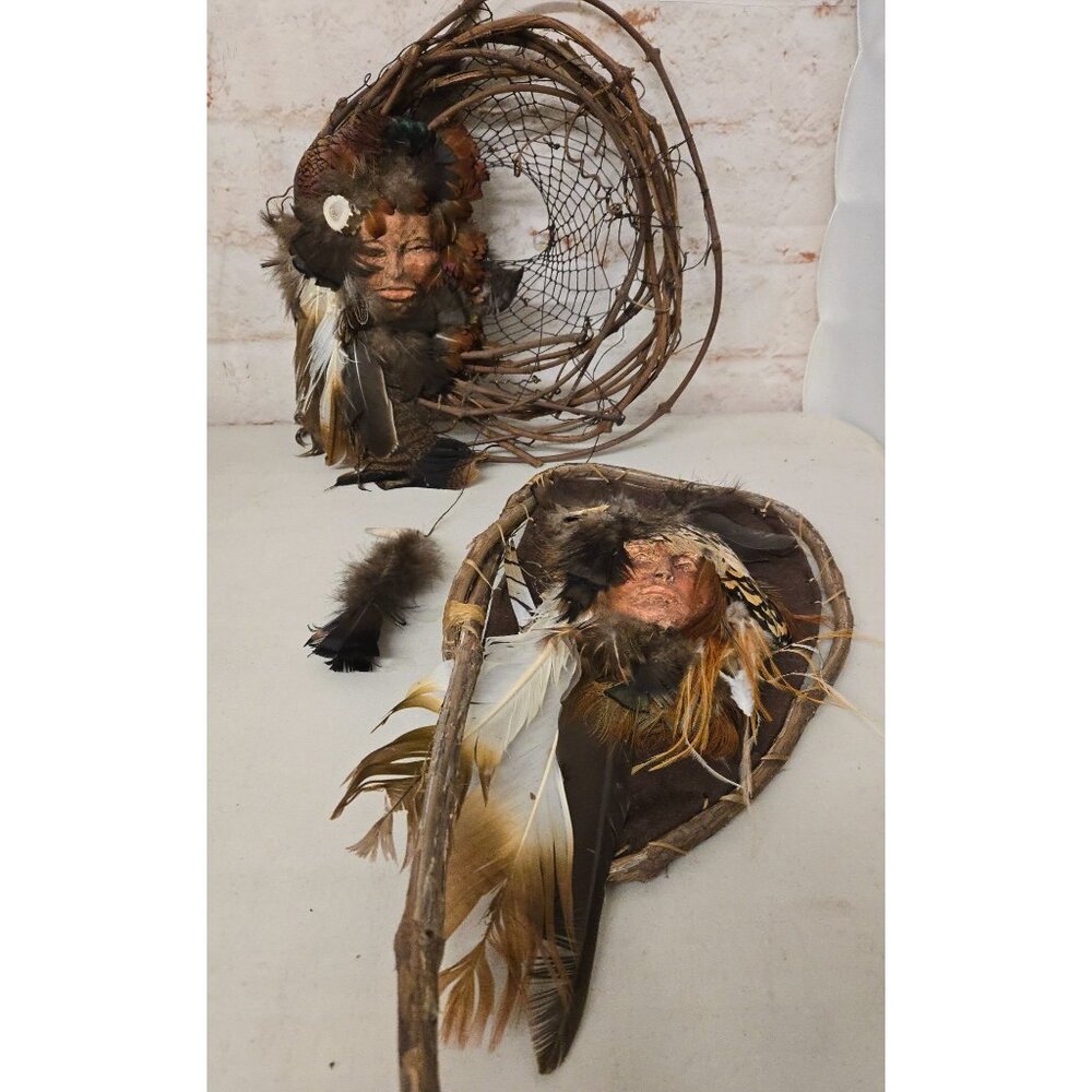 Feather Vine Wall Art Man & Woman Faces Dreamcatcher Design Native American